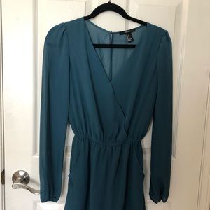F21 DARK GREEN BLUE LONGSLEEVE ROMPER SIZE S